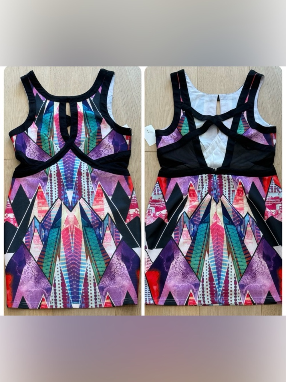 Wow Couture Bodycon Dress L Geometric Print Cutout Back Club Party Mini BNWT